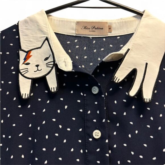 Miss Patina Bowie Cat Dress Navy Polka Dots - Picture 5 of 12